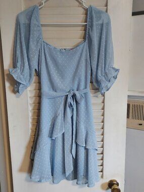 Mi Ami for Francesca’s Blue Swiss Dot Dress M Puff Sleeve Tie Waist Fit & Flare